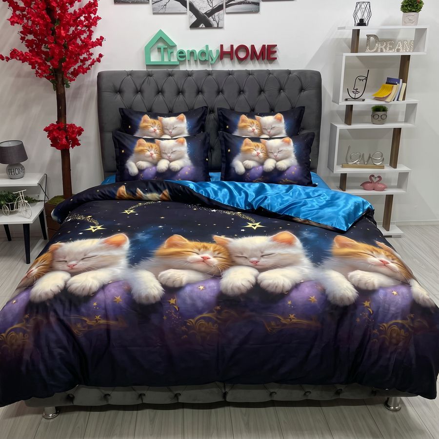 Lenjerie Pat Dublu Cu Elastic, Bumbac Satinat, Pisica, Multicolor, E183 — fotografie reală, acasă