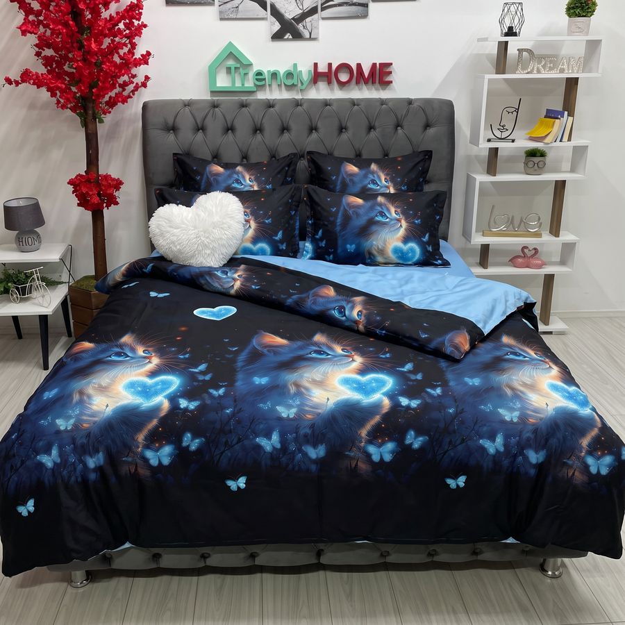 Lenjerie Pat Dublu Cu Elastic, Bumbac Satinat, Pisicuta, Negru/Bleu, E173 — fotografie reală, acasă