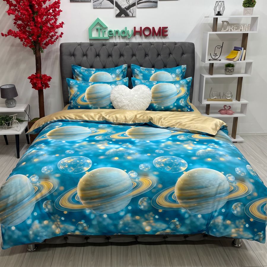 Lenjerie Pat Dublu Cu Elastic, Bumbac Satinat, Planete, Bleu/Galben, E180 — fotografie reală, acasă