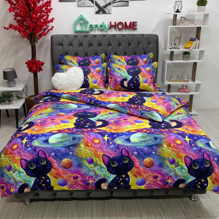 Lenjerie Pat Dublu Cu Elastic, Bumbac Satinat, Planete Si Pisica, Multicolor, E181 — fotografie reală, acasă