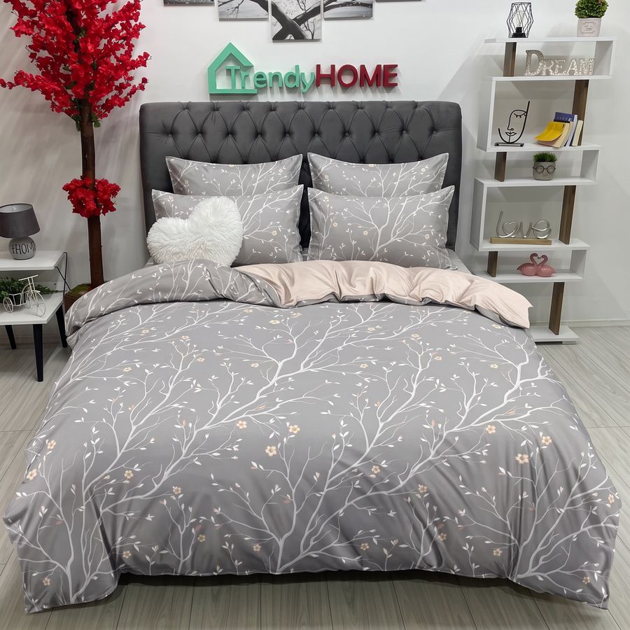 Lenjerie Pat Dublu Cu Elastic, Bumbac Satinat, Ramuri, Gri/Crem, E 38 — fotografie reală, acasă