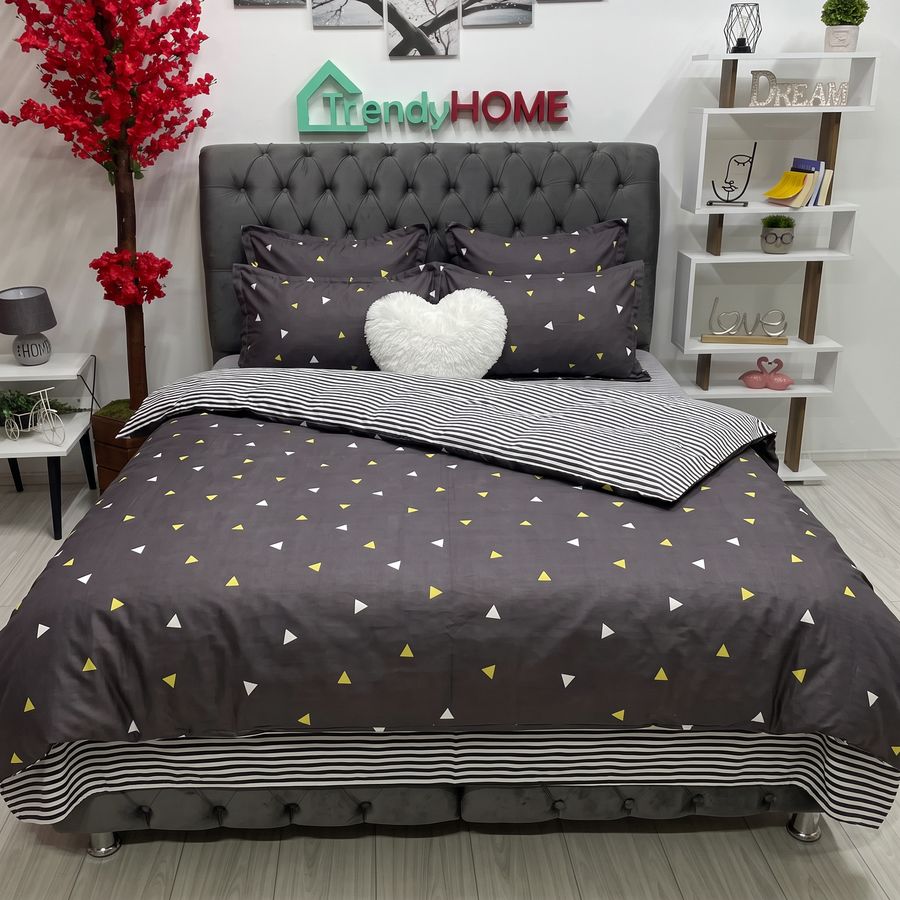 Lenjerie Pat Dublu Cu Elastic, Bumbac Satinat, Romburi, Alb/Gri, E 32 — fotografie reală, acasă