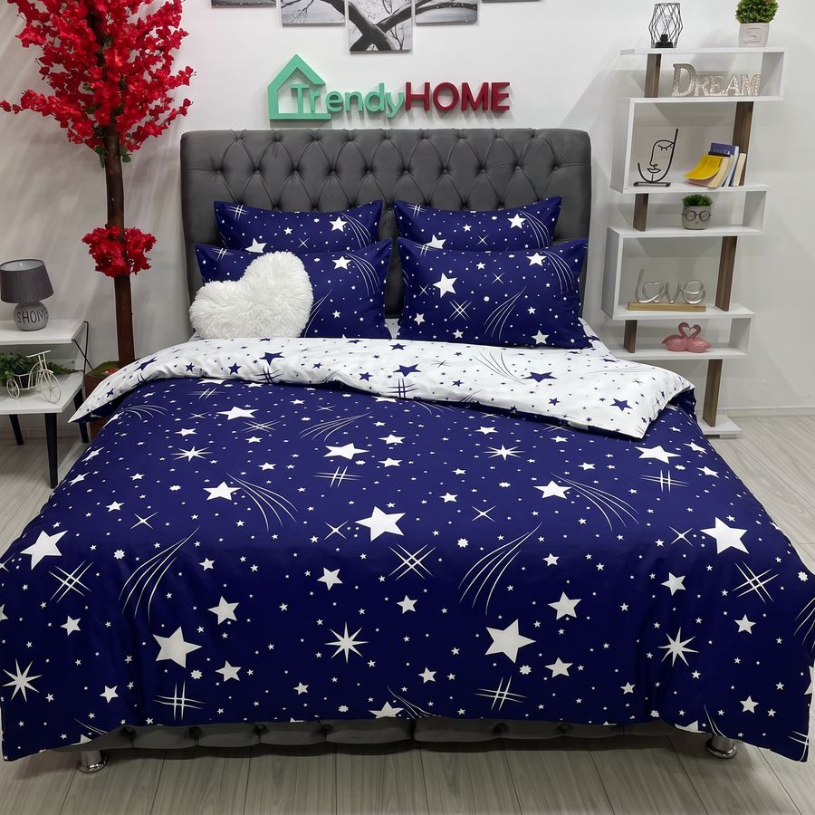 Lenjerie Pat Dublu Cu Elastic, Bumbac Satinat, Stelute, Alb/Bleumarin, E 26 — fotografie reală, acasă