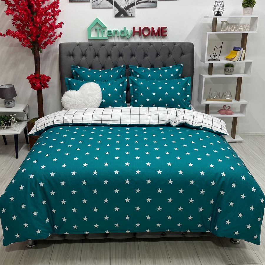 Lenjerie Pat Dublu Cu Elastic, Bumbac Satinat, Stelute, Alb/Turcoaz, E01 — fotografie reală, acasă