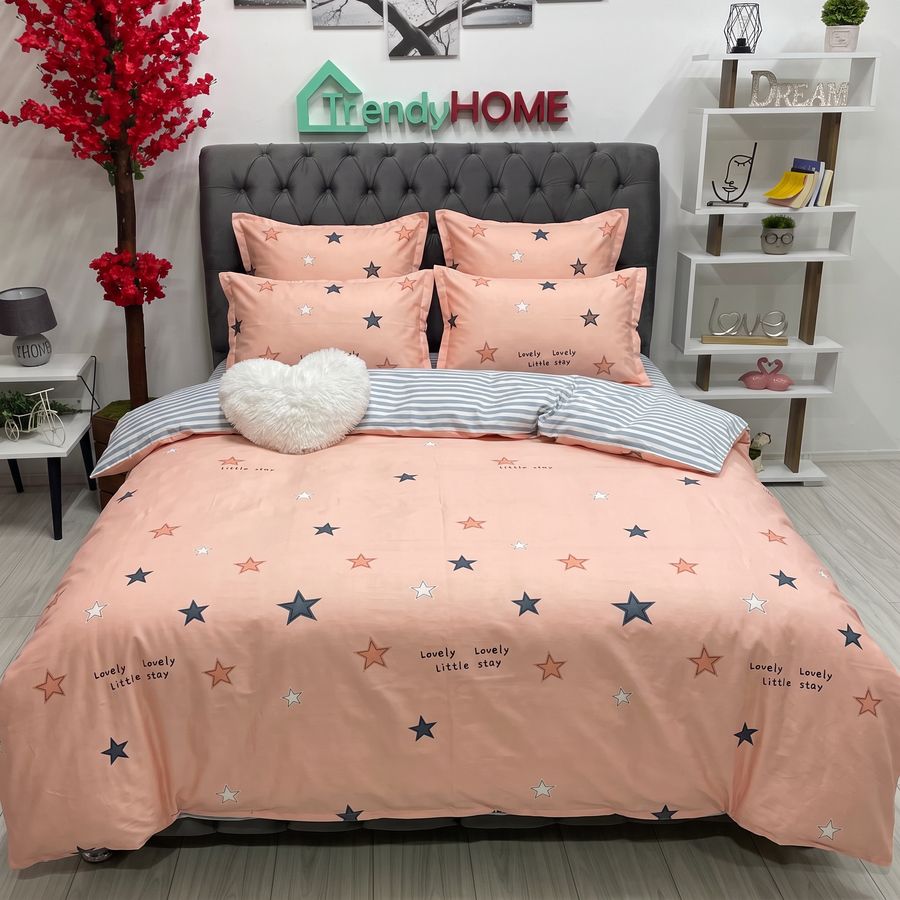 Lenjerie Pat Dublu Cu Elastic, Bumbac Satinat, Stelute, Gri/Roz, E 22 — fotografie reală, acasă