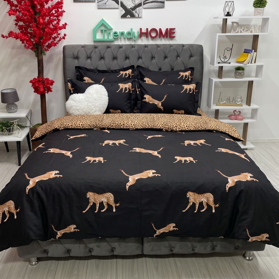 Lenjerie Pat Dublu Cu Elastic, Bumbac Satinat, Tigrat, Negru/Maro, E 07 — fotografie reală, acasă