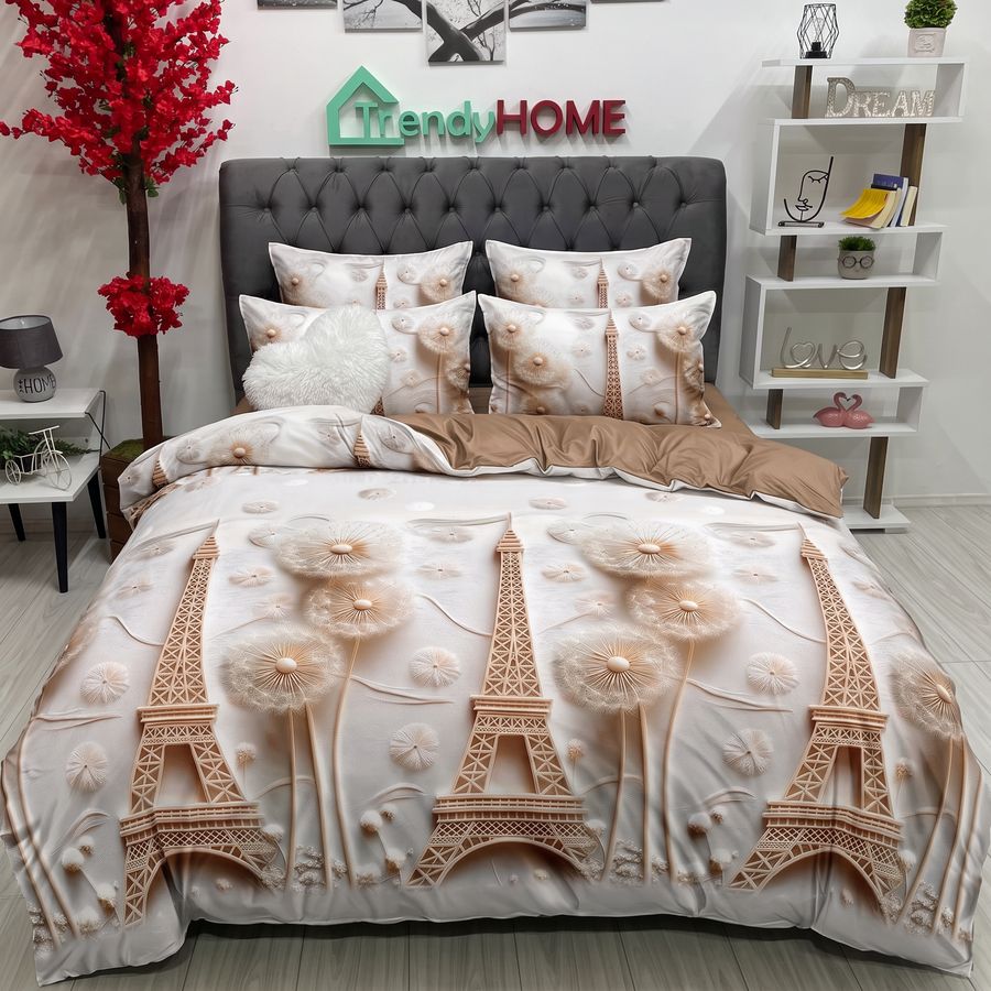 Lenjerie Pat Dublu Cu Elastic, Bumbac Satinat, Turnul Eiffel, Maro/Bej, E158 — fotografie reală, acasă