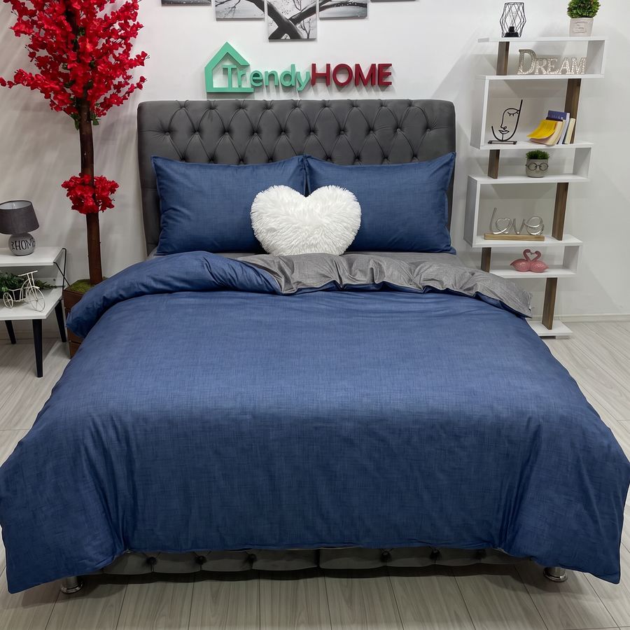 Lenjerie Pat Dublu Cu Elastic, Bumbac Satinat, UNI, Bleumarin/Gri, E 109 — fotografie reală, acasă
