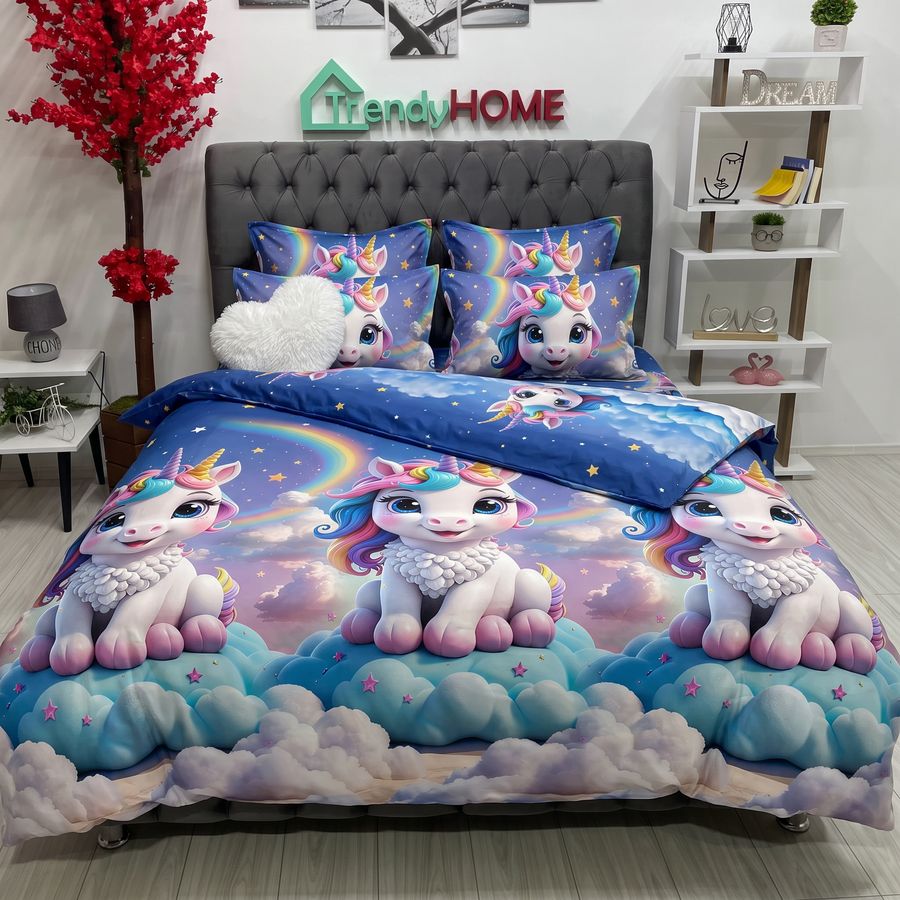 Lenjerie Pat Dublu Cu Elastic, Bumbac Satinat, Unicorn, Multicolor, E172 — fotografie reală, acasă