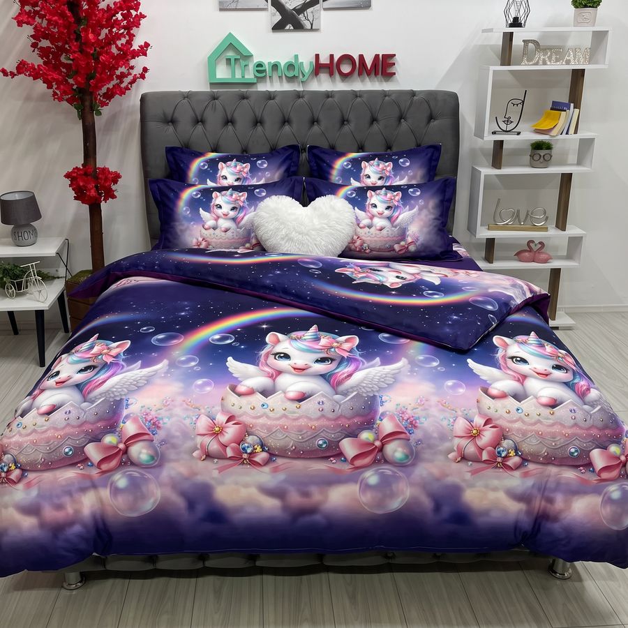 Lenjerie Pat Dublu Cu Elastic, Bumbac Satinat, Unicorn, Multicolor, E190 — fotografie reală, acasă