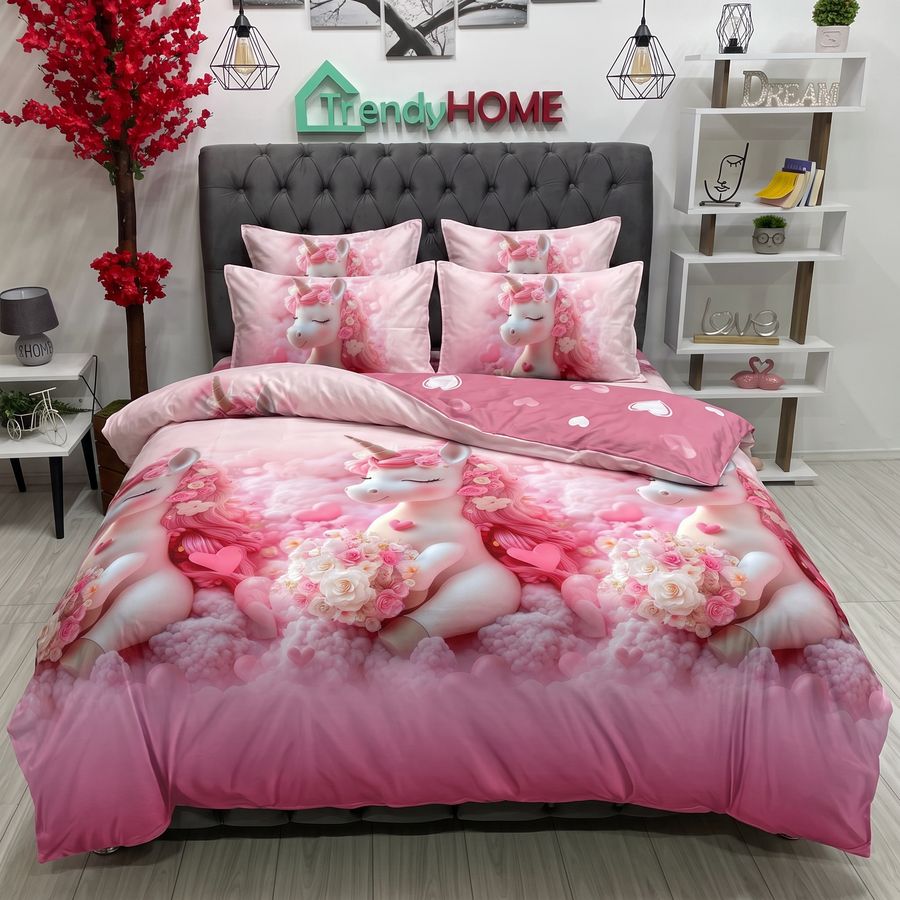 Lenjerie Pat Dublu Cu Elastic, Bumbac Satinat, Unicorni, Roz, E 188 — fotografie reală, acasă