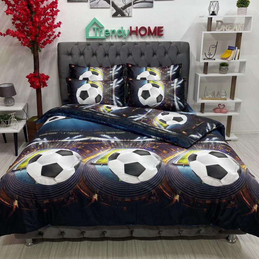 Lenjerie Pat Dublu Cu Elastic, Bumbac Satinat, Minge Fotbal, Bleumarin, E 192 — fotografie reală, acasă