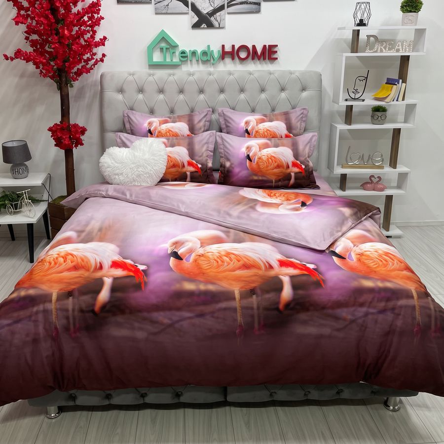 Lenjerie Pat Dublu, Satinat 3D, Model Flamingo, Coral/Mov, B-451 — fotografie reală, acasă