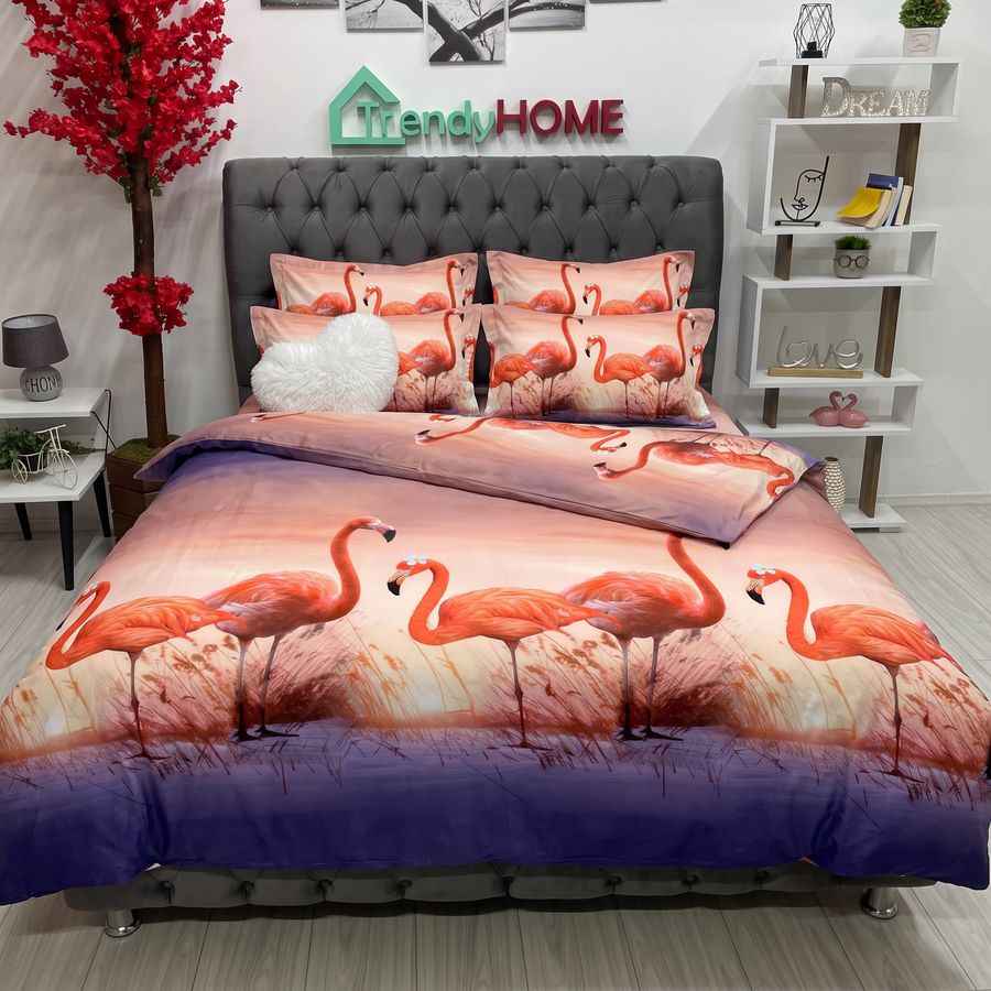 Lenjerie Pat Dublu, Satinat 3D, Model Flamingo, Portocaliu/Crem, B-564 — fotografie reală, acasă