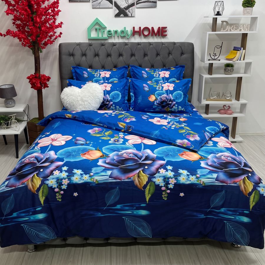 Lenjerie Pat Dublu, Satinat 3D, Model Floral, Albastru, B-400 — fotografie reală, acasă
