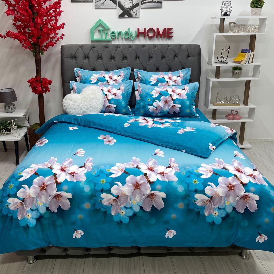 Lenjerie Pat Dublu, Satinat 3D, Model Floral, Albastru, B-594 — fotografie reală, acasă