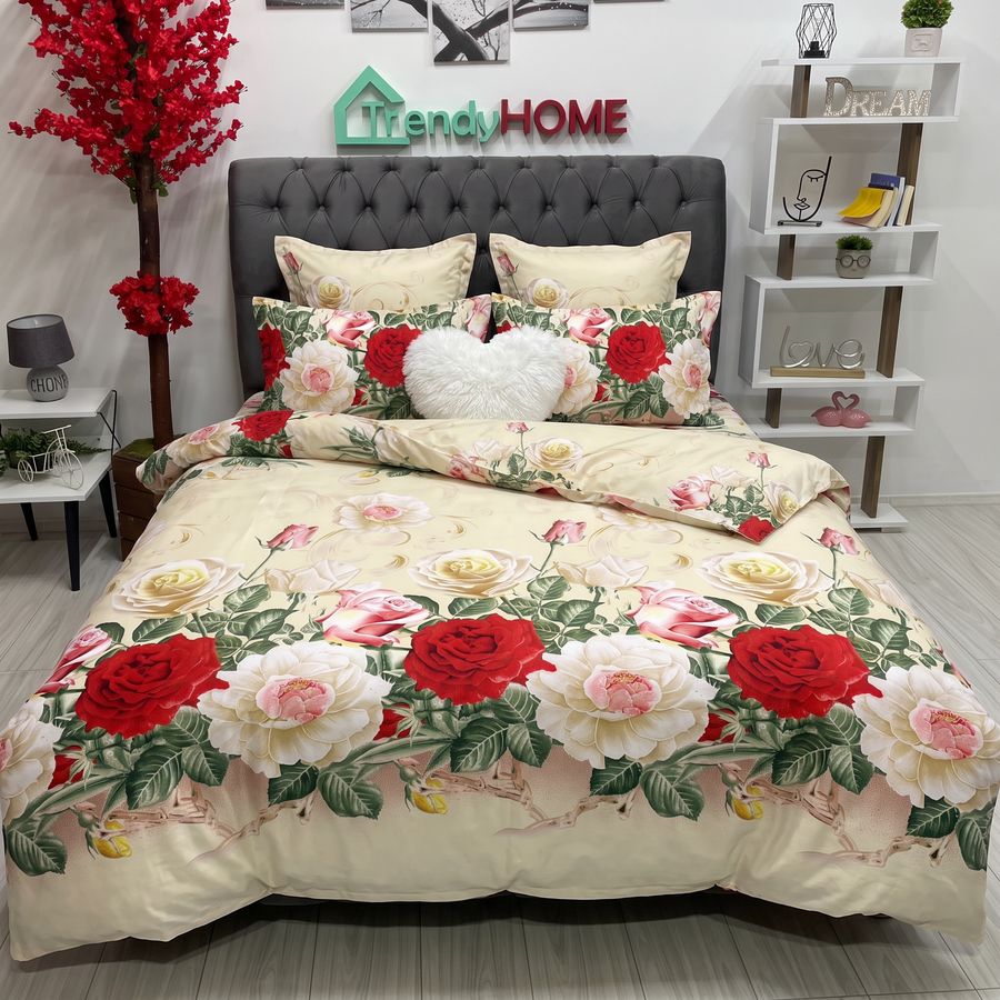 Lenjerie Pat Dublu, Satinat 3D, Model Floral, Crem/Rosu, B-104 — fotografie reală, acasă