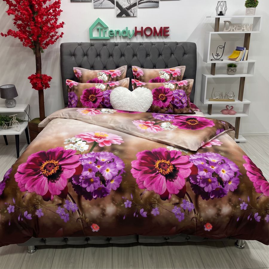 Lenjerie Pat Dublu, Satinat 3D, Model Floral, Maro/Bej, B-590 — fotografie reală, acasă