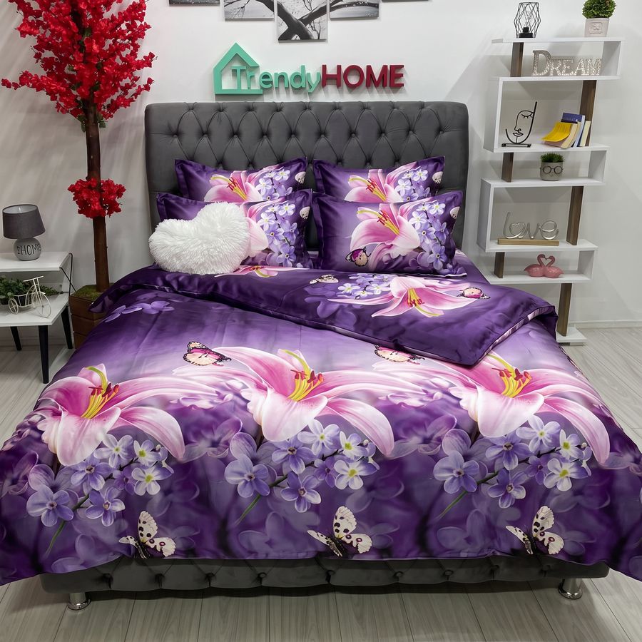 Lenjerie Pat Dublu, Satinat 3D, Model Floral, Mov, B-191 — fotografie reală, acasă