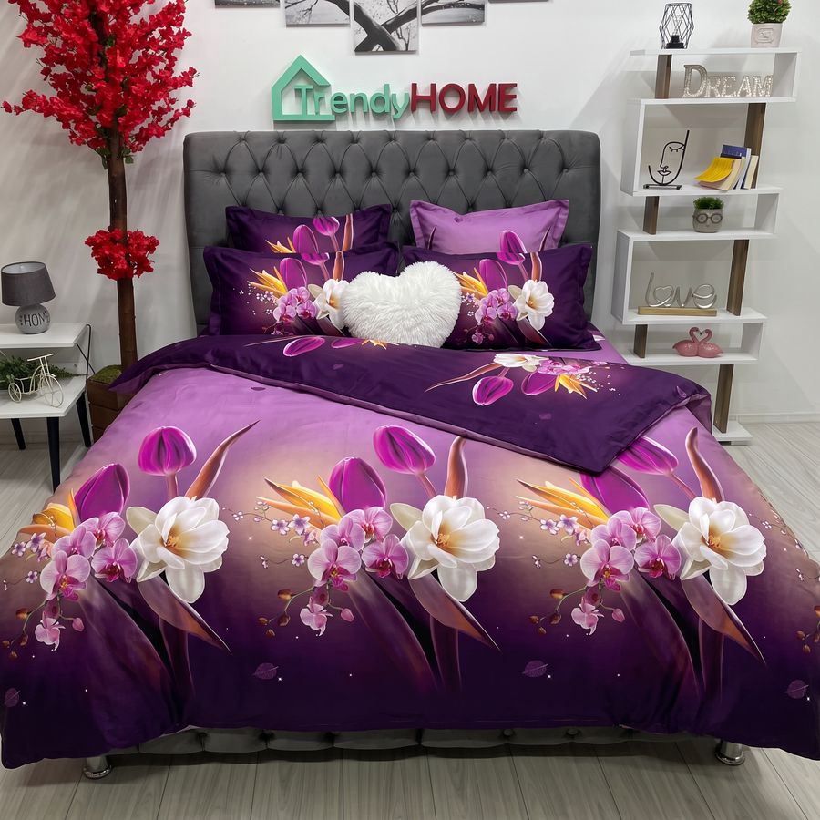Lenjerie Pat Dublu, Satinat 3D, Model Floral, Mov-Lila, B-442 — fotografie reală, acasă