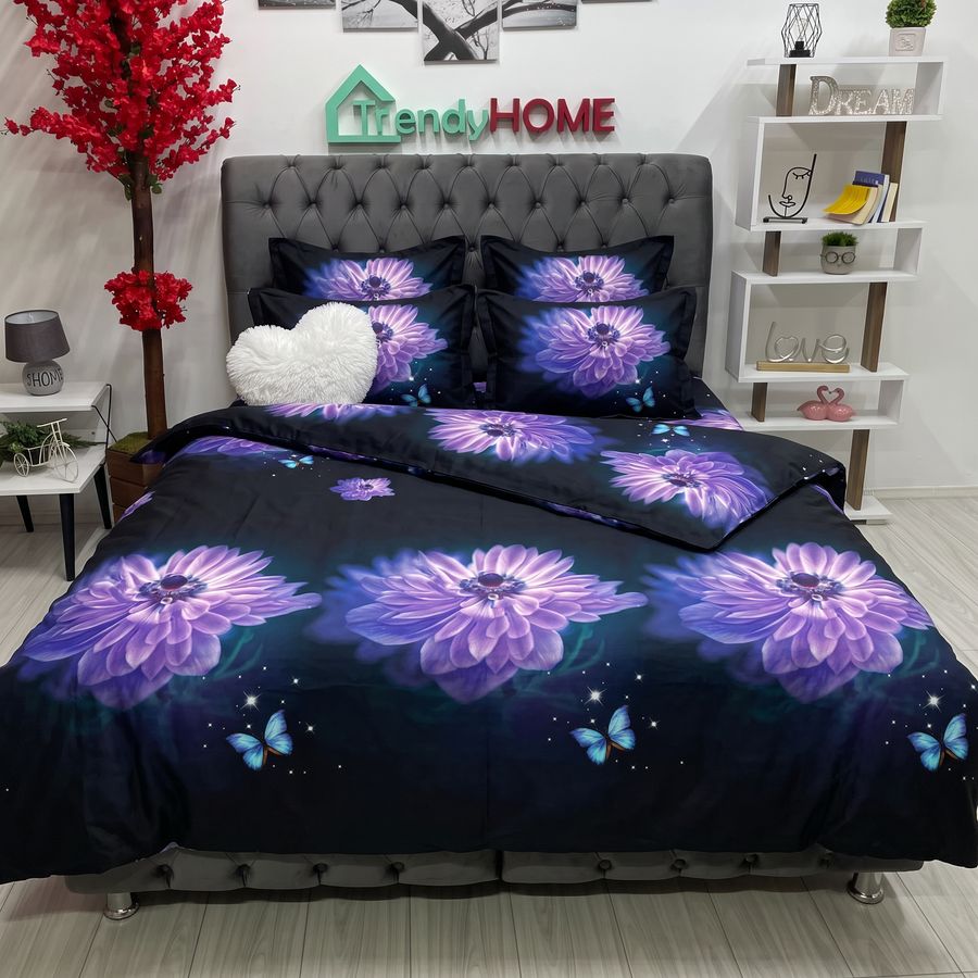 Lenjerie Pat Dublu, Satinat 3D, Model Floral, Mov/Negru, B-492 — fotografie reală, acasă