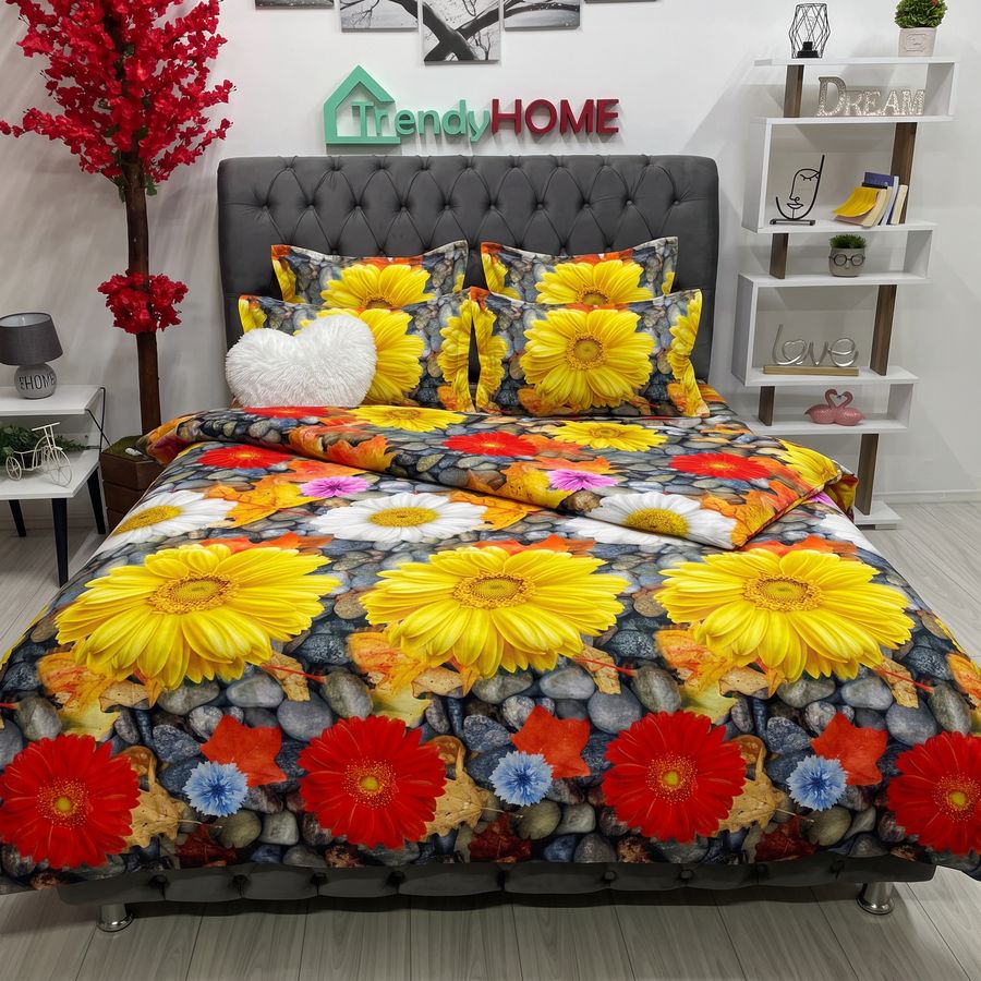 Lenjerie Pat Dublu, Satinat 3D, Model Floral, Multicolor, B-502 — fotografie reală, acasă
