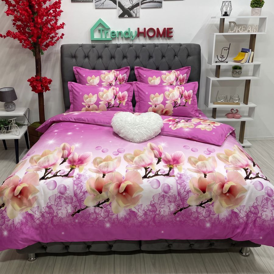 Lenjerie Pat Dublu, Satinat 3D, Model Floral, Roz/Bej, B-588 — fotografie reală, acasă