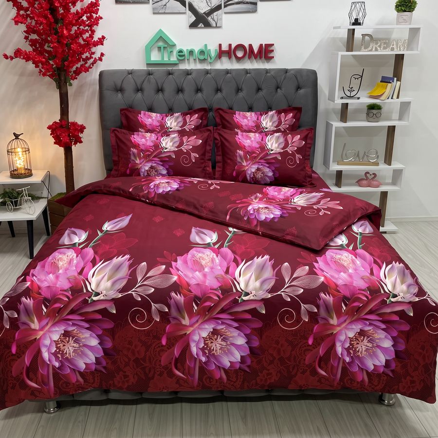 Lenjerie Pat Dublu, Satinat 3D, Model Floral, Visiniu, B-395 — fotografie reală, acasă