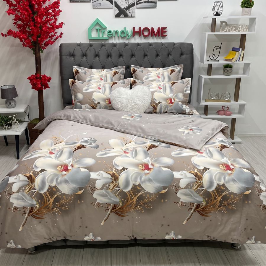Lenjerie Pat Dublu, Satinat 3D, Model Orhidee, Bej/Cappuccino, B-362 — fotografie reală, acasă