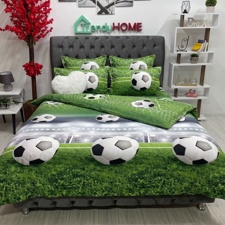 Lenjerie Pat Dublu, Satinat 3D, Model Teren de Fotbal, Alb/Verde, B-514 — fotografie reală, acasă