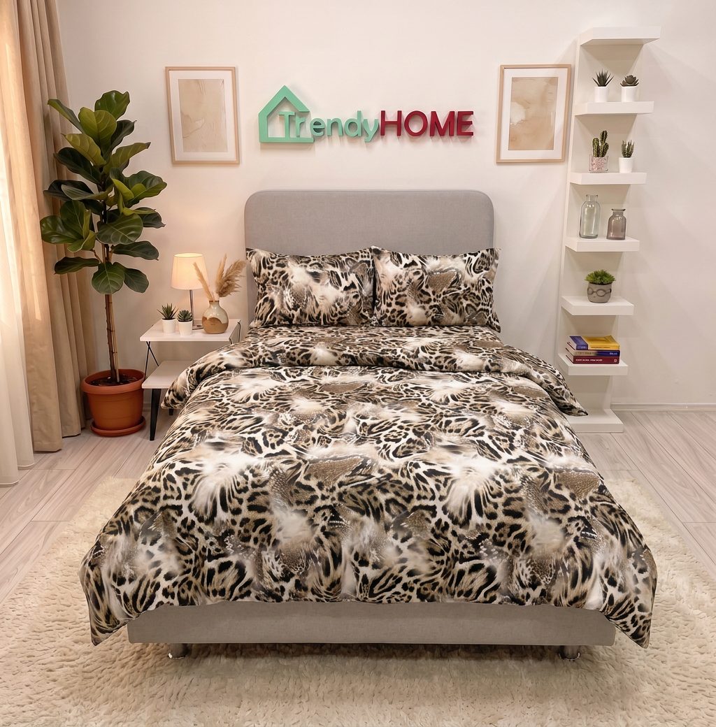 Lenjerie pat single 1 Persoana, 4 PIESE, Bumbac Finet, Animal Print, Maro, Y60-131 — fotografie reală, acasă