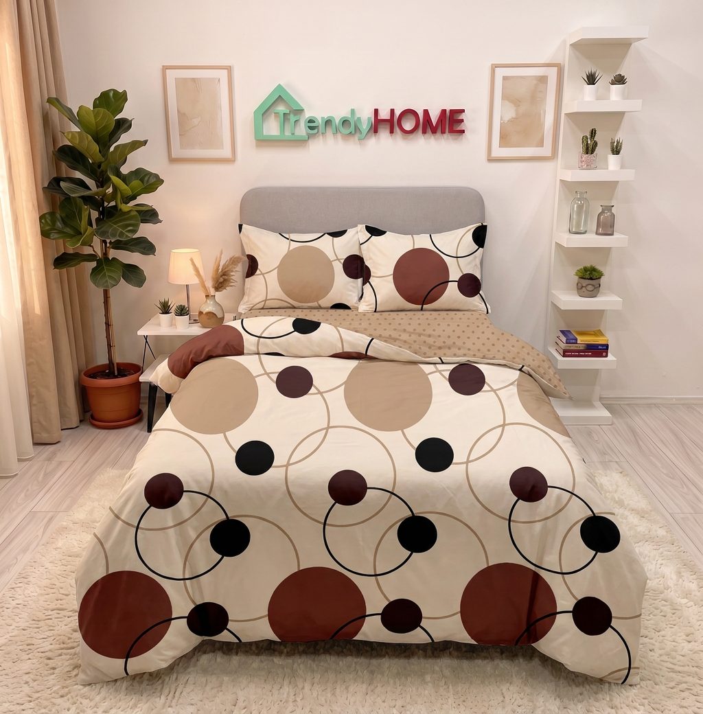 Lenjerie pat single 1 Persoana, 4 PIESE, Bumbac Finet, Cercuri, Maro, Y60-143 — fotografie reală, acasă