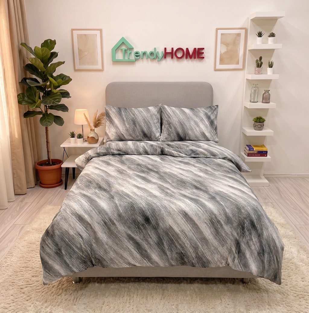 Lenjerie pat single 1 Persoana, 4 PIESE, Bumbac Finet, Elegant, Maro/Crem, Y60-132 — fotografie reală, acasă