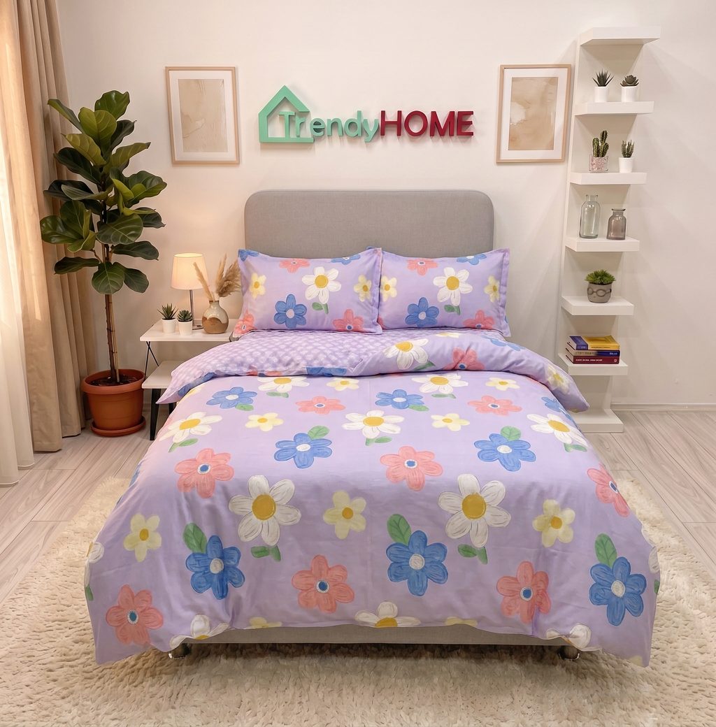 Lenjerie pat single 1 Persoana, 4 PIESE, Bumbac Finet, Floricele, Multicolor, y60-139 — fotografie reală, acasă