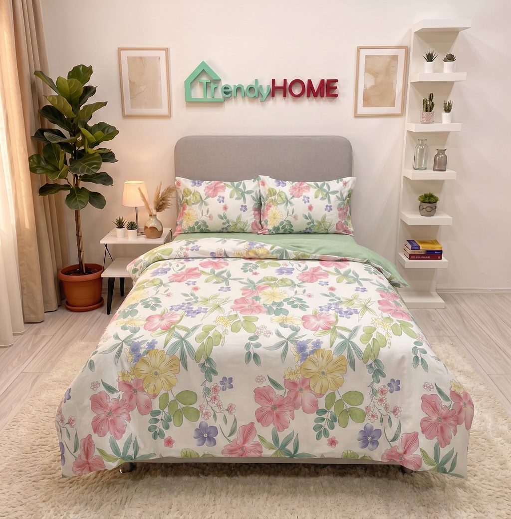 Lenjerie pat single 1 Persoana, 4 PIESE, Bumbac Finet, Floricele, Multicolor, Y60-81 — fotografie reală, acasă