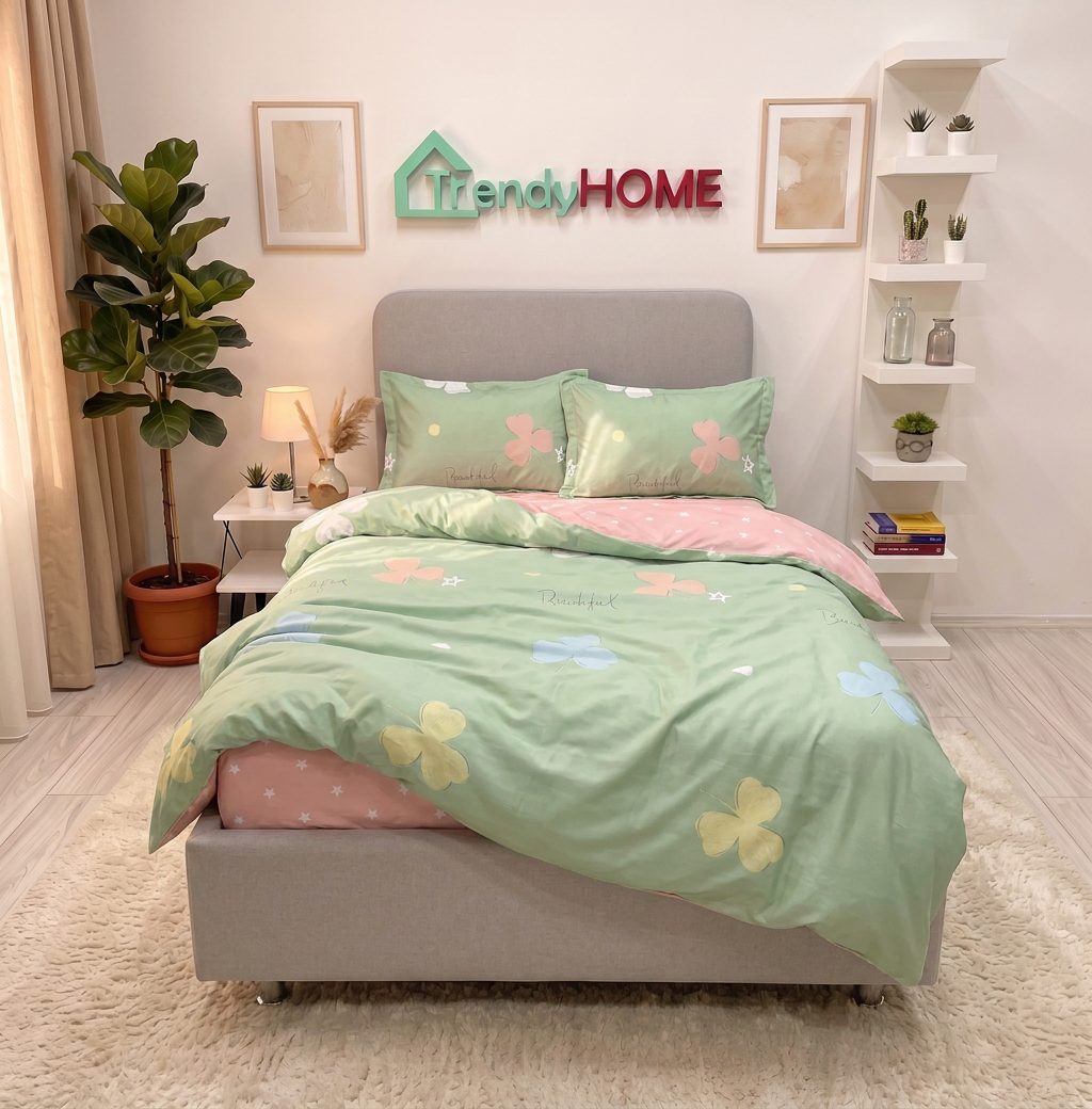 Lenjerie pat single 1 Persoana, 4 PIESE, Bumbac Finet, Floricele, Verde/Roz, Y60-145 — fotografie reală, acasă