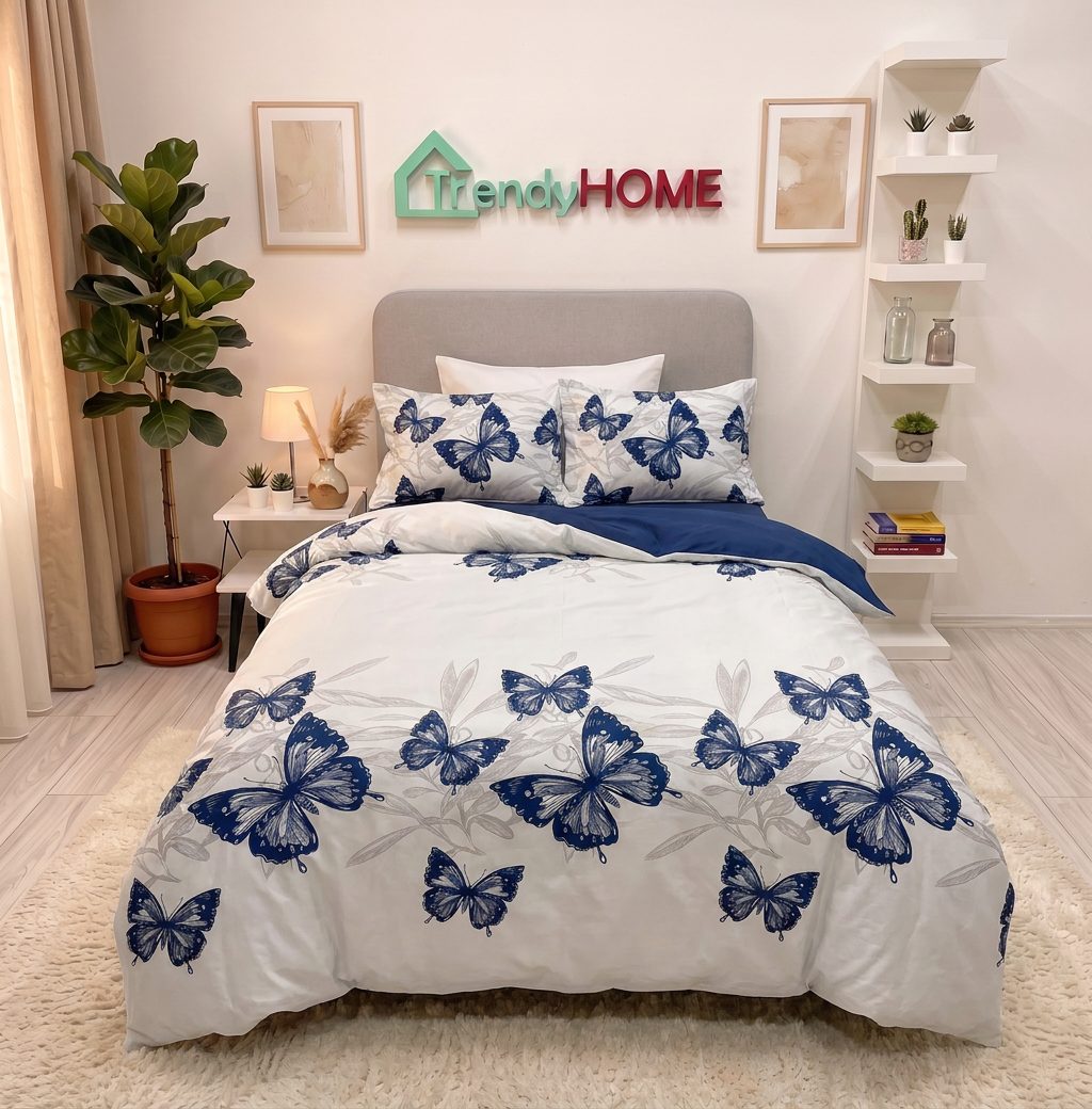 Lenjerie pat single 1 Persoana, 4 PIESE, Bumbac Finet, Fluturi, Albastru/Gri, Y60-124 — fotografie reală, acasă