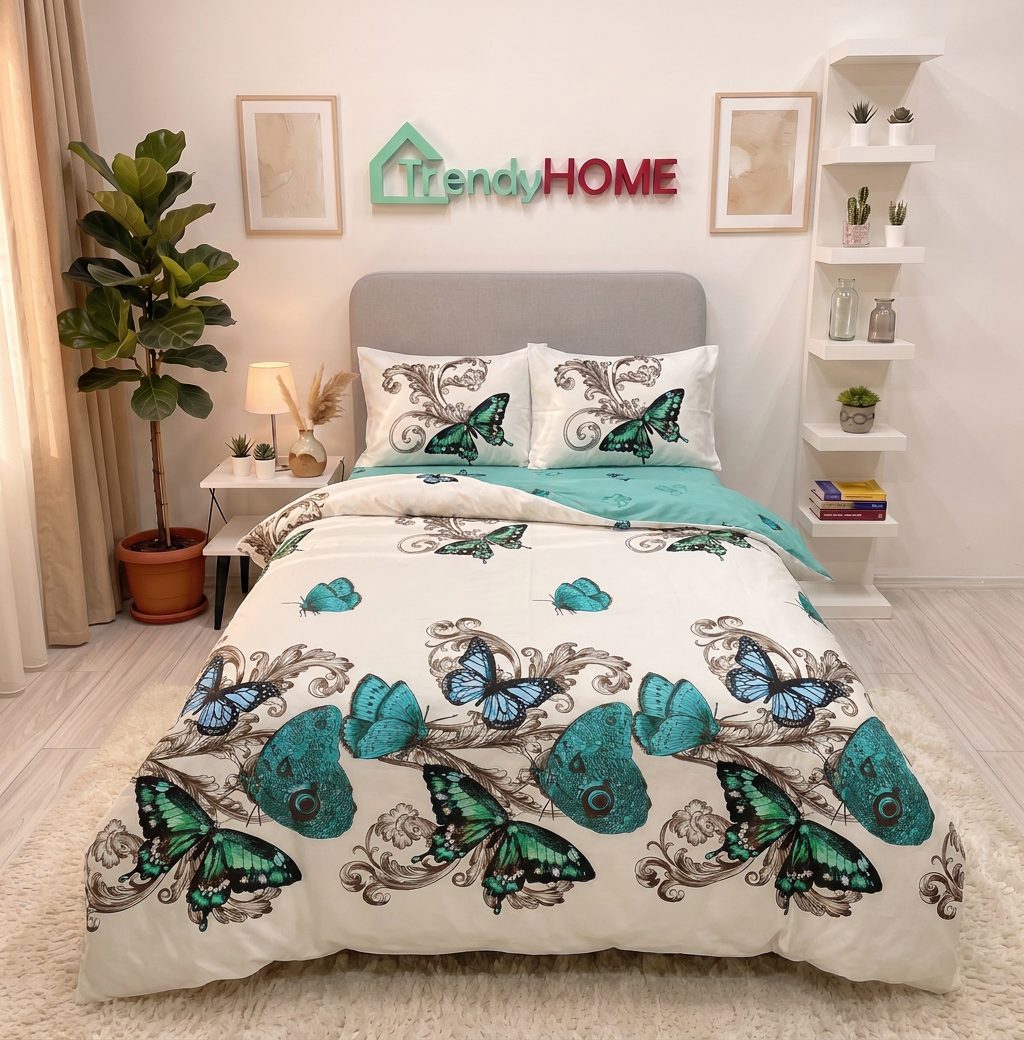 Lenjerie pat single 1 Persoana, 4 PIESE, Bumbac Finet, Fluturi, Multicolor, Y60-118 — fotografie reală, acasă