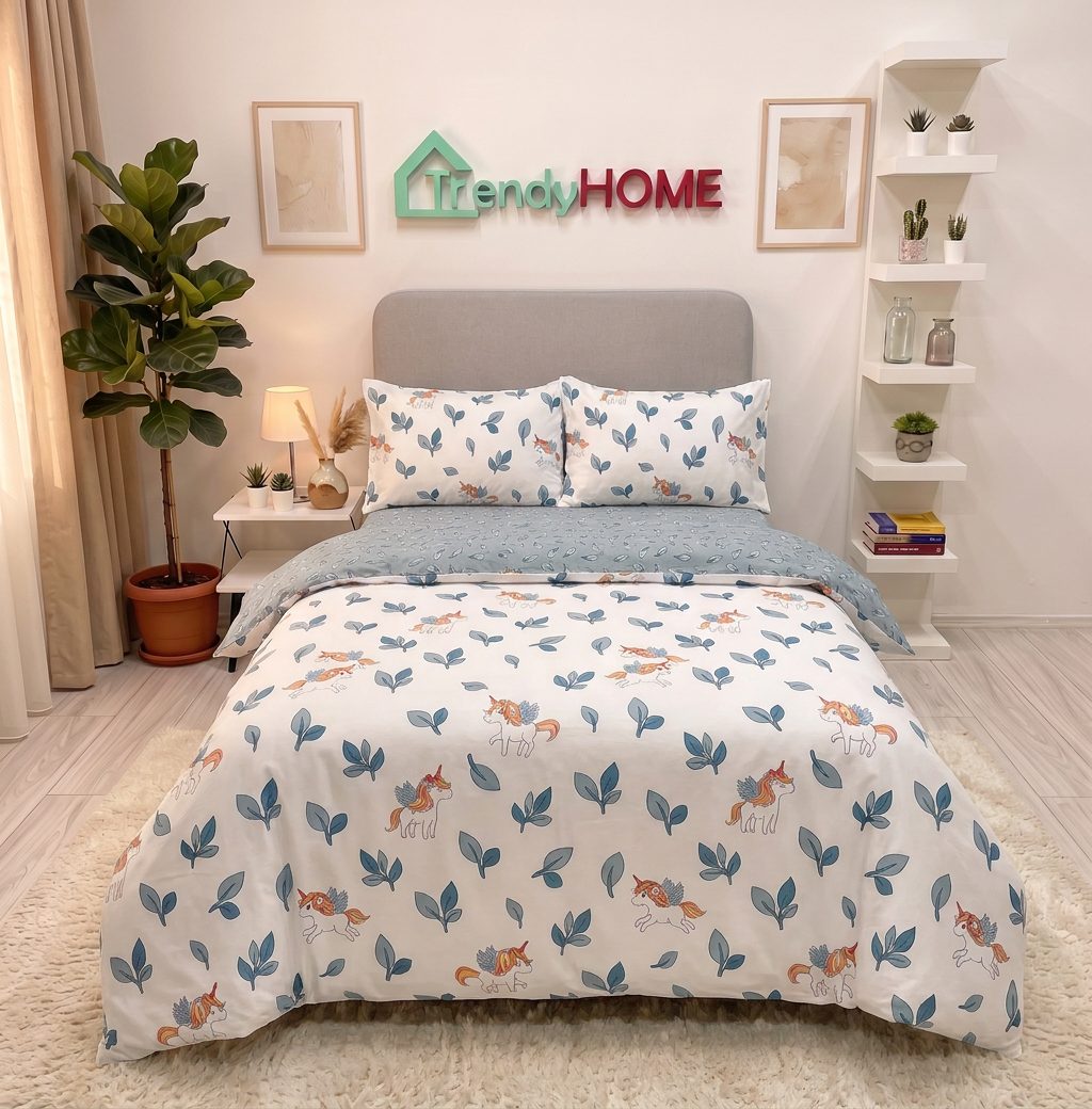 Lenjerie pat single 1 Persoana, 4 PIESE, Bumbac Finet, Frunze, Multicolor, Y60-63 — fotografie reală, acasă