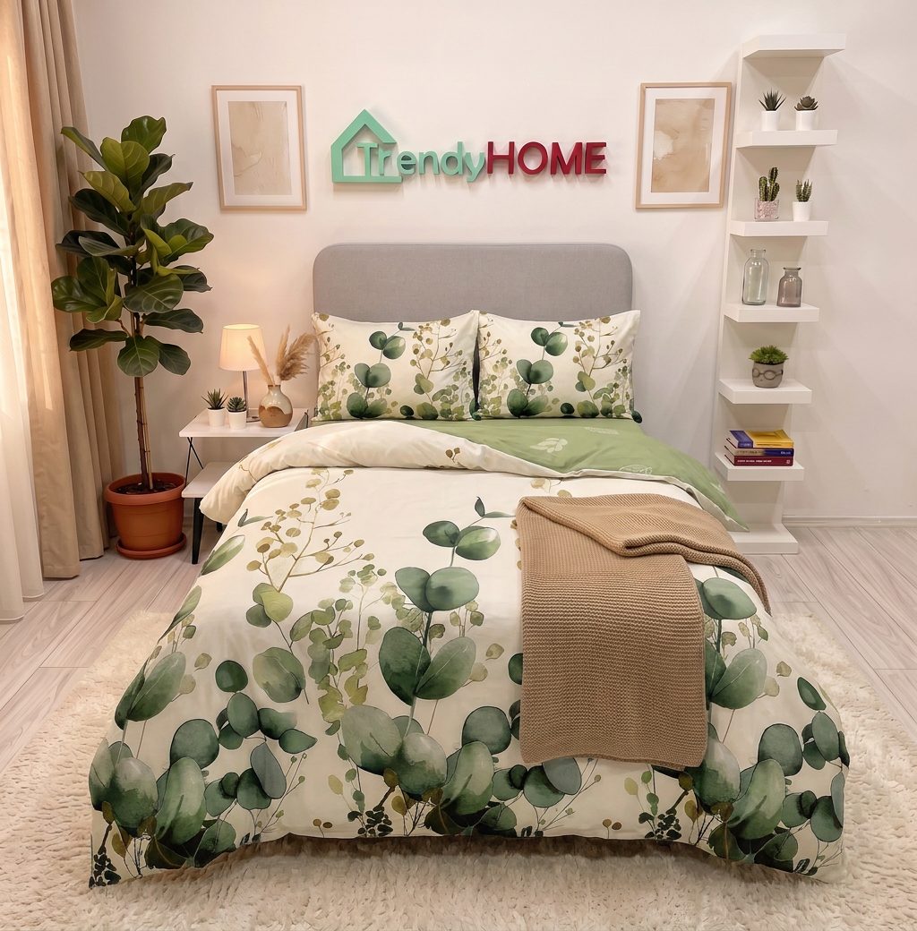Lenjerie pat single 1 Persoana, 4 PIESE, Bumbac Finet, Frunze, Verde, Y60-127 — fotografie reală, acasă