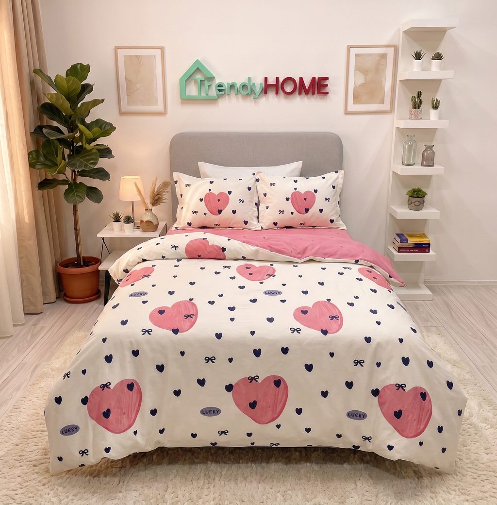 Lenjerie pat single 1 Persoana, 4 PIESE, Bumbac Finet, Inimioare, Alb/Roz, Y60-129 — fotografie reală, acasă