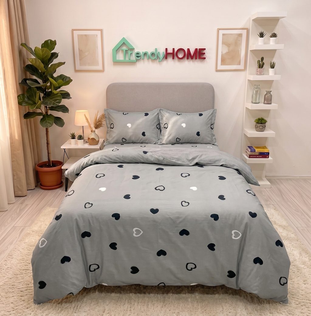 Lenjerie pat single 1 Persoana, 4 PIESE, Bumbac Finet, Inimioare, Gri, Y60-146 — fotografie reală, acasă