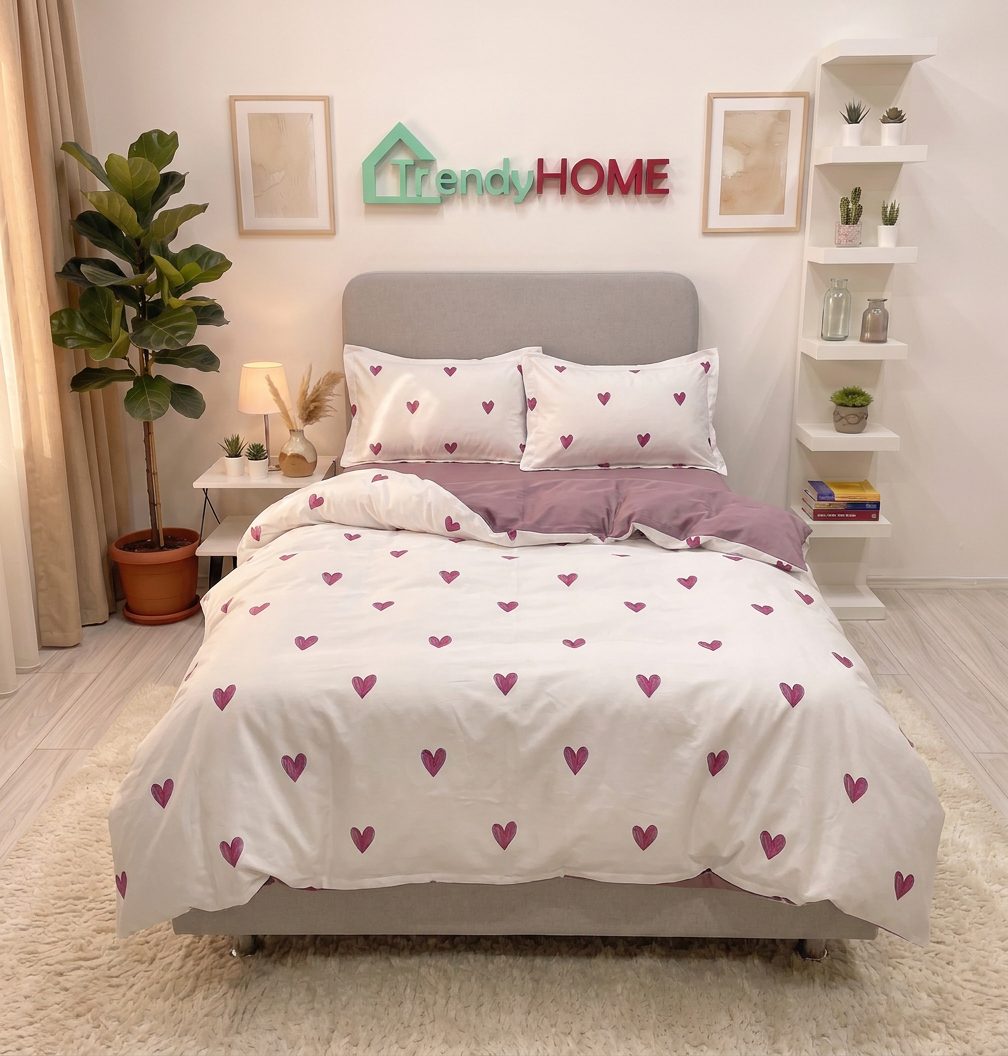 Lenjerie pat single 1 Persoana, 4 PIESE, Bumbac Finet, Inimioare, Multicolor, Y60-144 — fotografie reală, acasă
