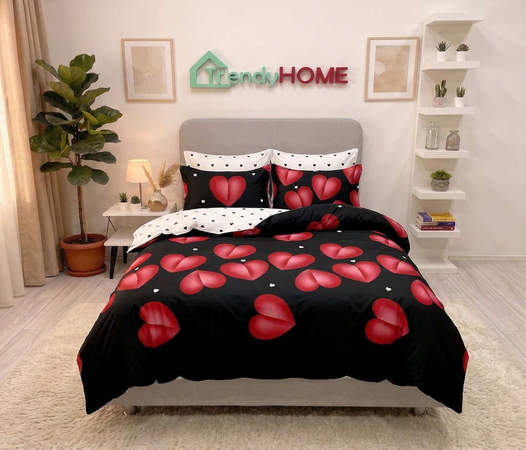 Lenjerie pat single 1 Persoana, 4 PIESE, Bumbac Finet, Inimioare, Multicolor, Y60-25 — fotografie reală, acasă
