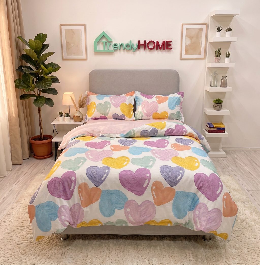 Lenjerie pat single 1 Persoana, 4 PIESE, Bumbac Finet, Inimioare, Multicolor, Y60-64 — fotografie reală, acasă