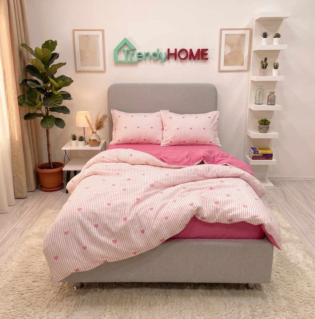 Lenjerie pat single 1 Persoana, 4 PIESE, Bumbac Finet, Inimioare, Roz, Y60-144 — fotografie reală, acasă