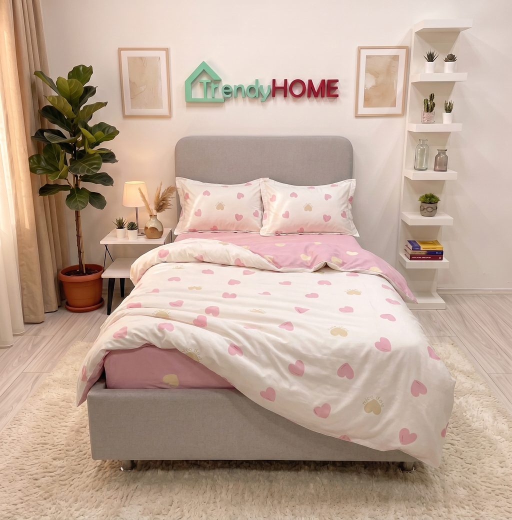 Lenjerie pat single 1 Persoana, 4 PIESE, Bumbac Finet, Inimioare, Roz, Y60-79 — fotografie reală, acasă