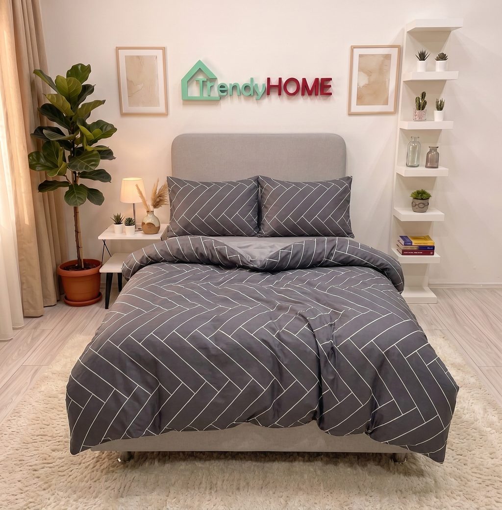 Lenjerie pat single 1 Persoana, 4 PIESE, Bumbac Finet, Linii, Gri, Y60-92 — fotografie reală, acasă