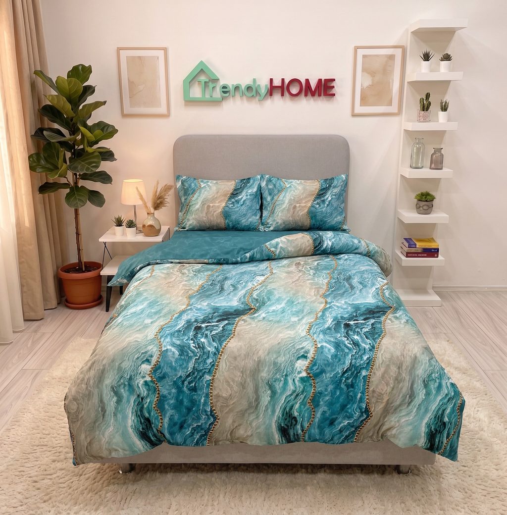 Lenjerie pat single 1 Persoana, 4 PIESE, Bumbac Finet, Marmura, Multicolor, Y60-117 — fotografie reală, acasă