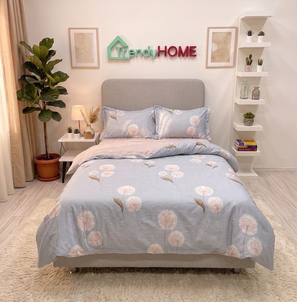 Lenjerie pat single 1 Persoana, 4 PIESE, Bumbac Finet, Papadie, Crem/Bleu, Y60-141 — fotografie reală, acasă